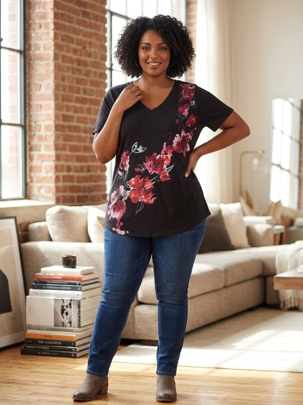 EVRI Size OX (14W) Black Short Sleeve V-Neck Pink Red Floral Print T-Shirt Tee